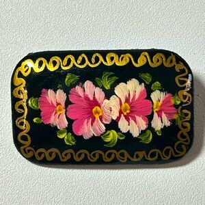 Vintage Russian Rectangular Floral Lacquer Brooch Hand Painted Artisan